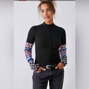 We The Free Black Top with Patterned Sleeves